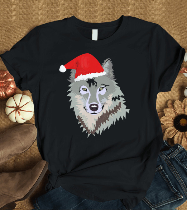 T-Shirt: Funny Grey Wolf Santa Hat Christmas Holiday T-Shirt Funny Grey Wolf Santa Hat Christmas Holiday T-Shirt