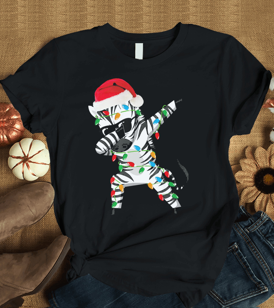 Zebra Dab Santa Hat Wrapped in Christmas Lights T-Shirt