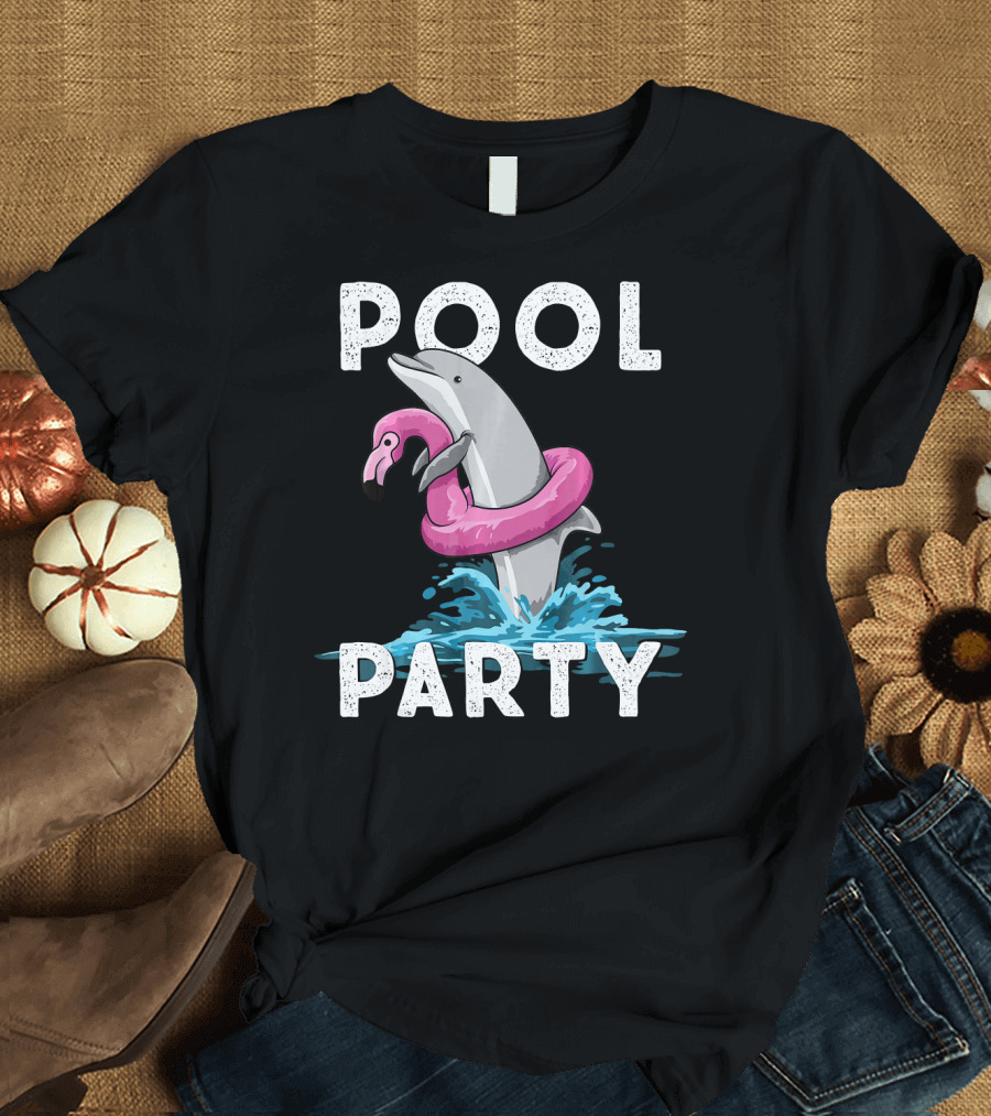 POOL PARTY Dolphin with Floating Flamingo Awesome T-Shirt
