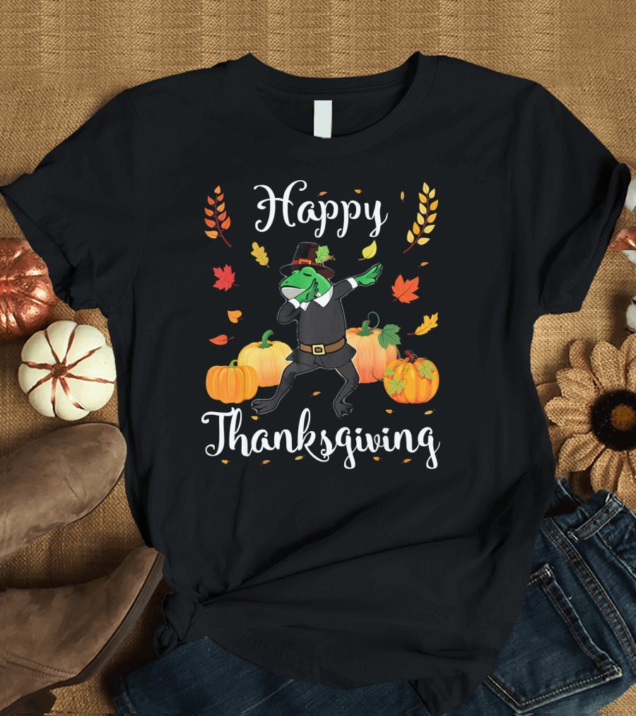 Happy Thanksgiving Frog Pilgrim Dabbing with Pumpkins T-Shirt