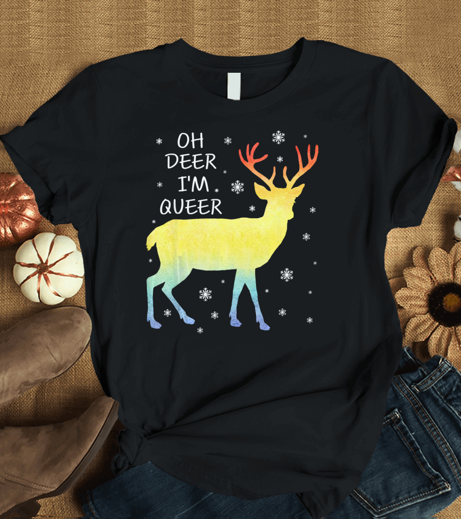 Oh Deer I'm Queer Rainbow Deer with Snowflakes T-Shirt