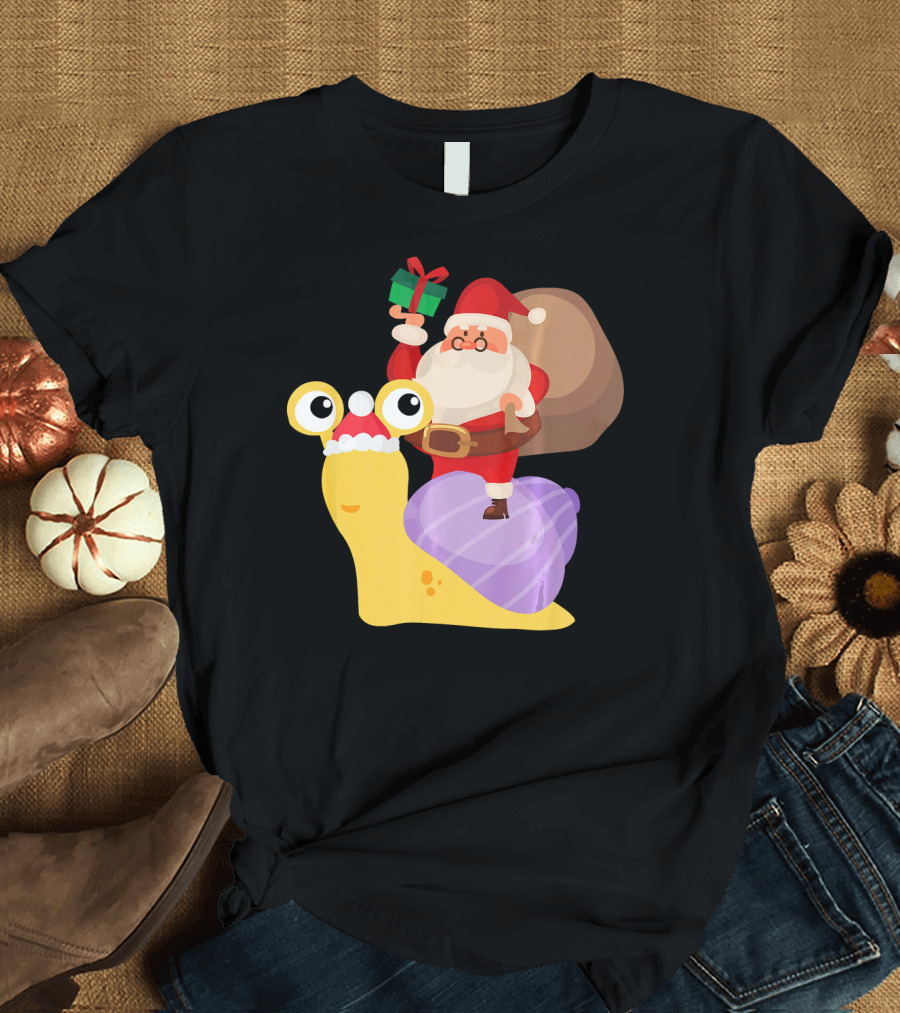 Funny Santa Riding Snail Christmas Pajama Graphic Santa with Gift on Bright Cartoon Snail T-Shirt