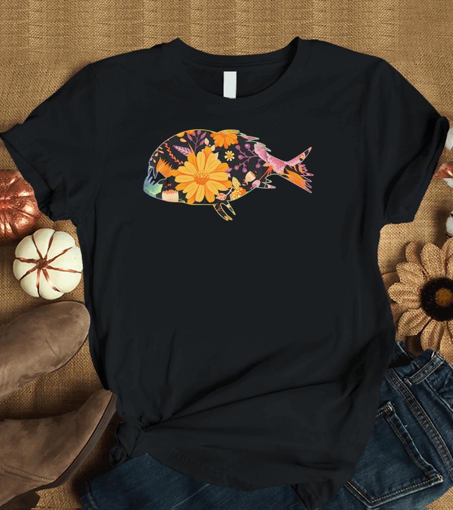 Vintage Floral Piranha Love Retro Flower T-Shirt