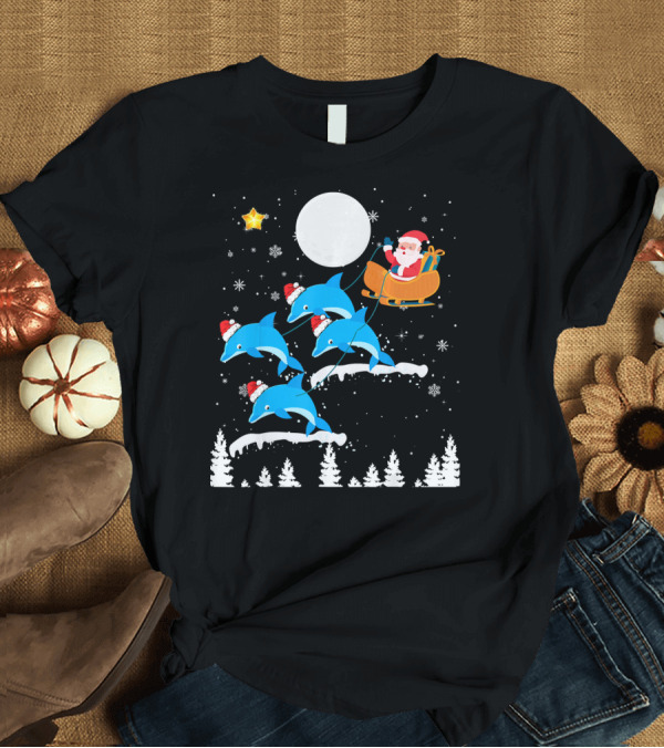 T-Shirt: Santa Dolphin Reindeer Sleigh Under Full Moon T-Shirt Santa Dolphin Reindeer Sleigh Under Full Moon T-Shirt
