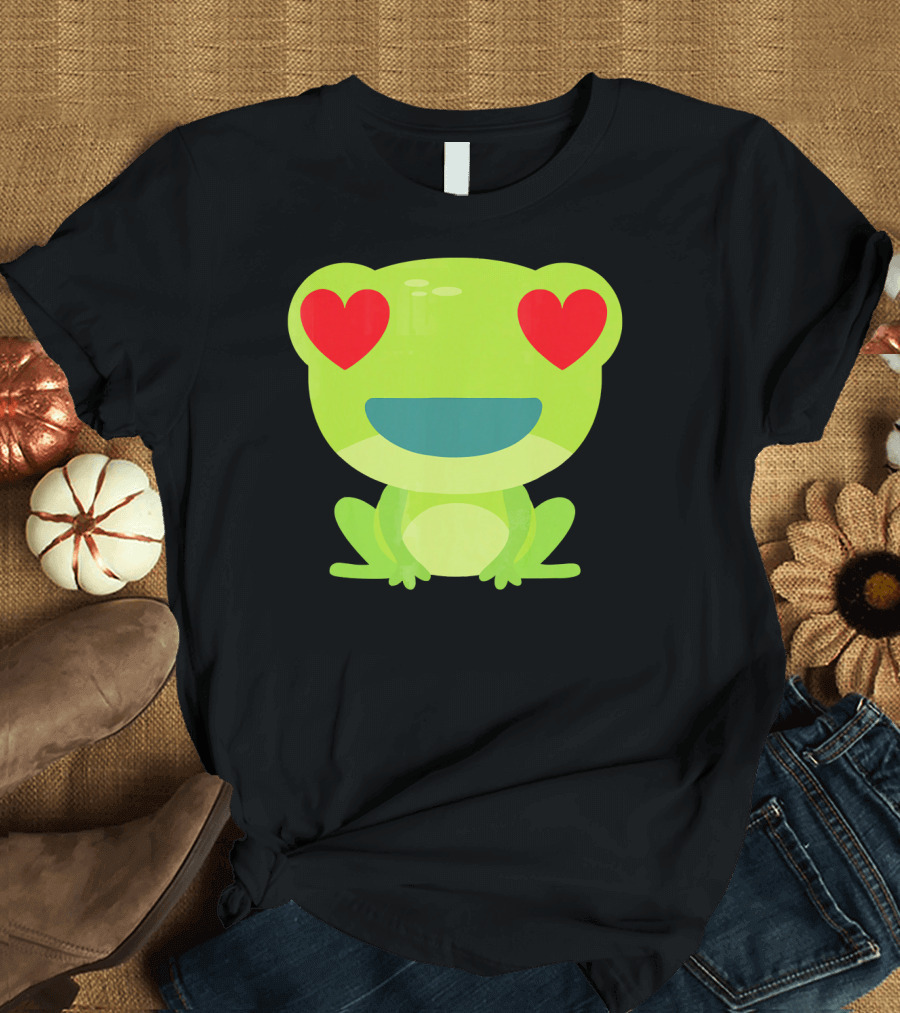 Frog Heart Eye Toad Tadpol Cute Green Cartoon with Heart Eyes T-Shirt