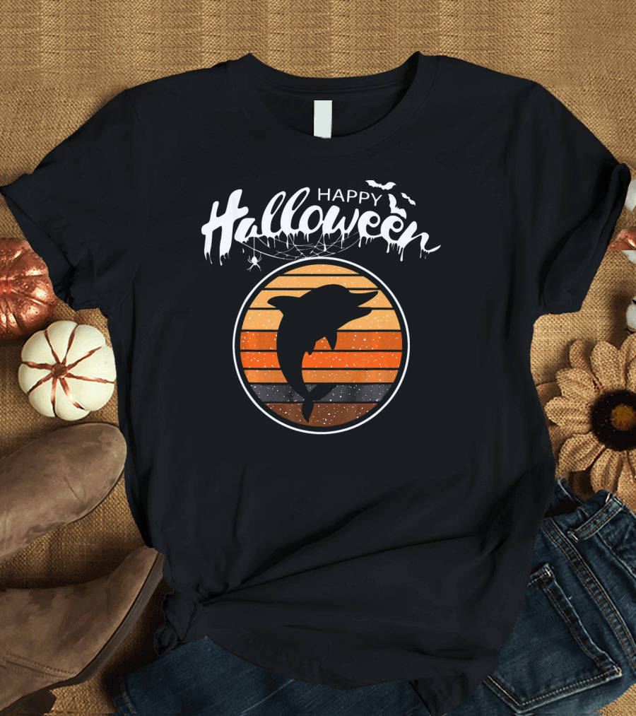 Happy Halloween Dolphin Silhouette with Bats and Orange Sunset Stripes T-Shirt