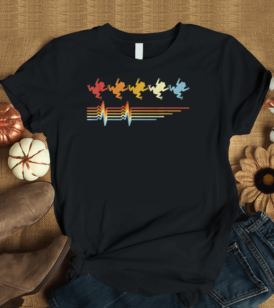 Frog Heartbeat Retro Vintage Animal Silhouette with Colorful Wave T-Shirt