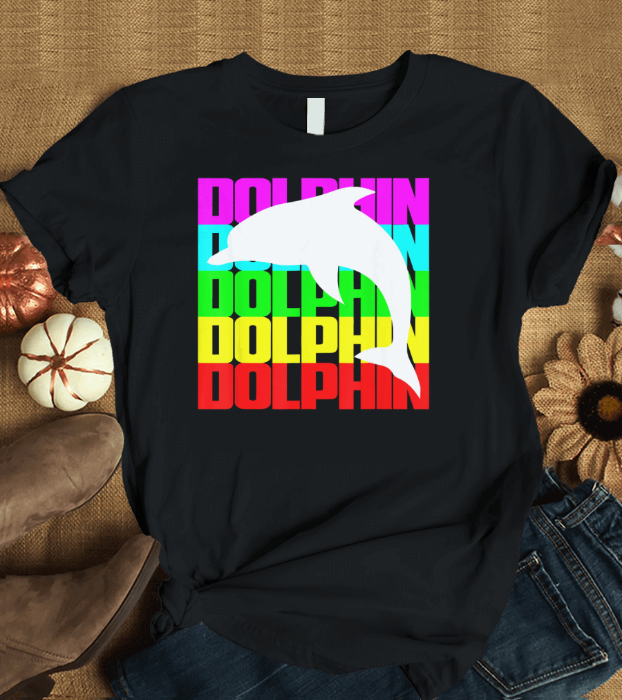 DOLPHIN COLORFUL SILHOUETTE MULTICOLOR BLOCK LETTERS T-Shirt