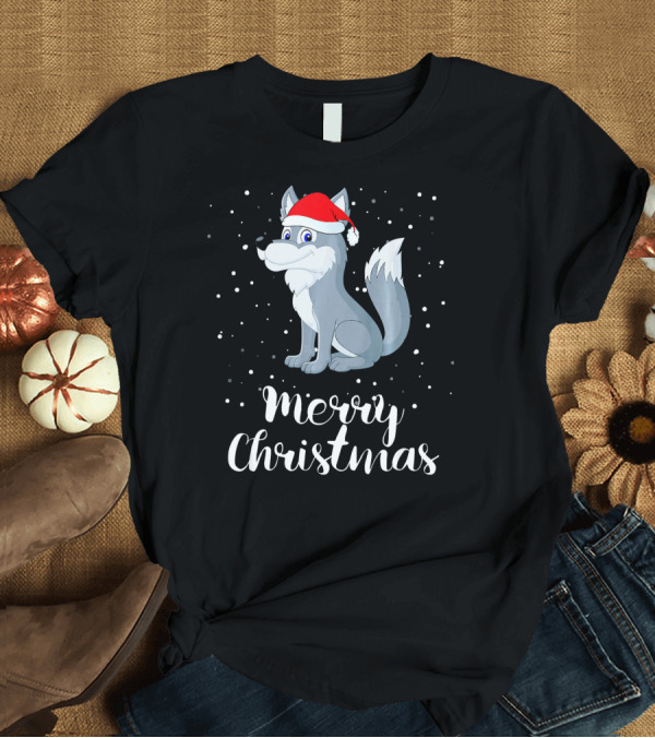 T-Shirt: Merry Christmas Wolf in Santa Hat with Snowflakes T-Shirt Merry Christmas Wolf in Santa Hat with Snowflakes T-Shirt