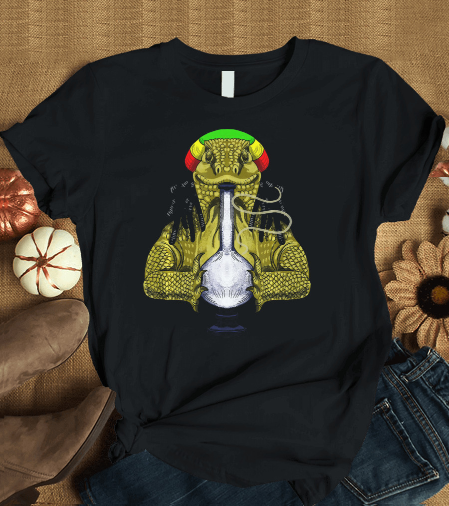 Rasta Iguana with Dreadlocks Using Smoking Bong T-Shirt