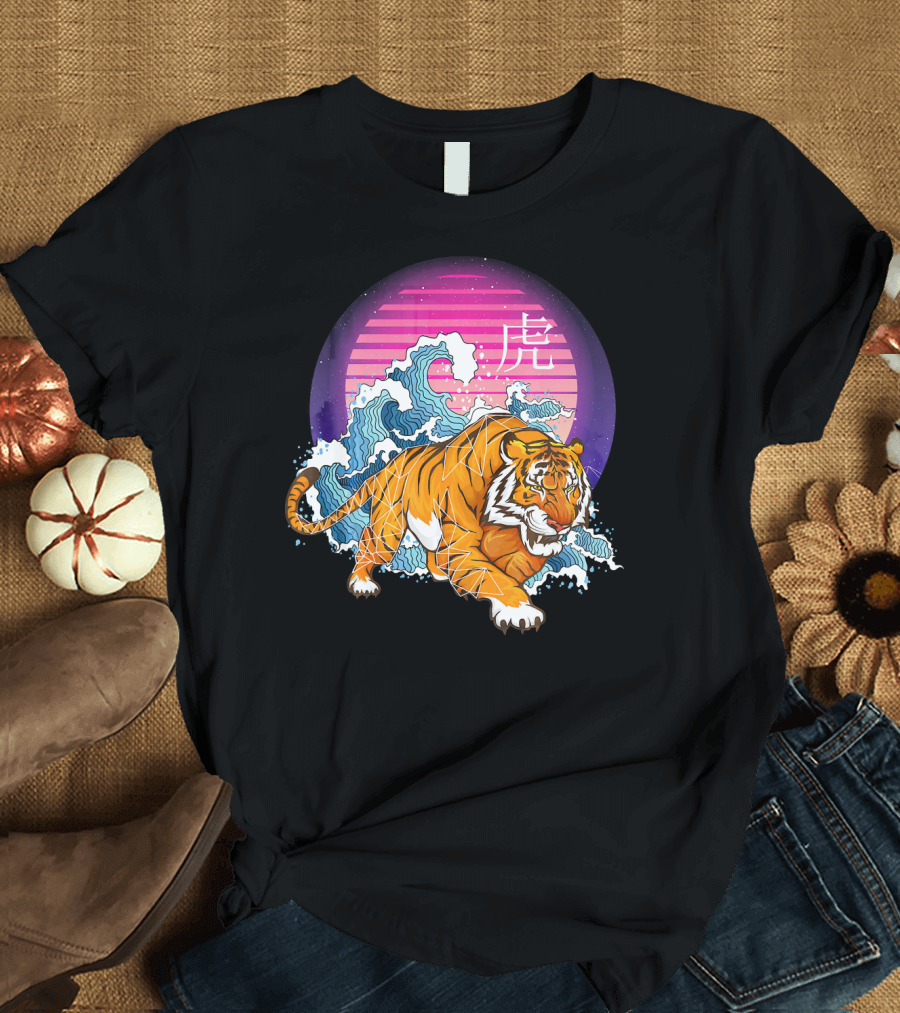 The Great Tiger Wave Off Kanagawa Ukiyo-E Style Tiger Kanji Lunar Horizon T-Shirt