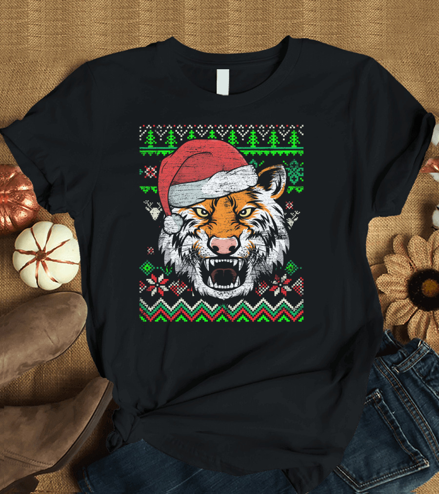 Christmas Tiger Santa Hat Ugly T-Shirt
