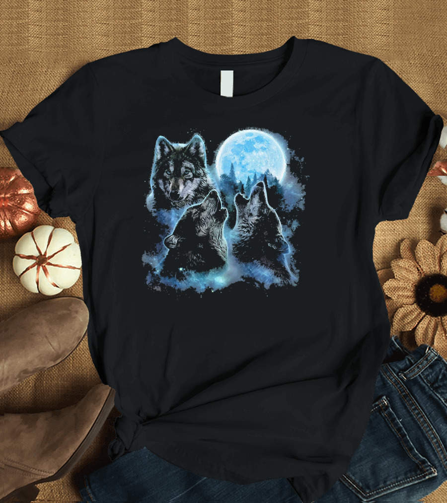Three Wolves Howling Under Icy Full Moon Night Sky T-Shirt