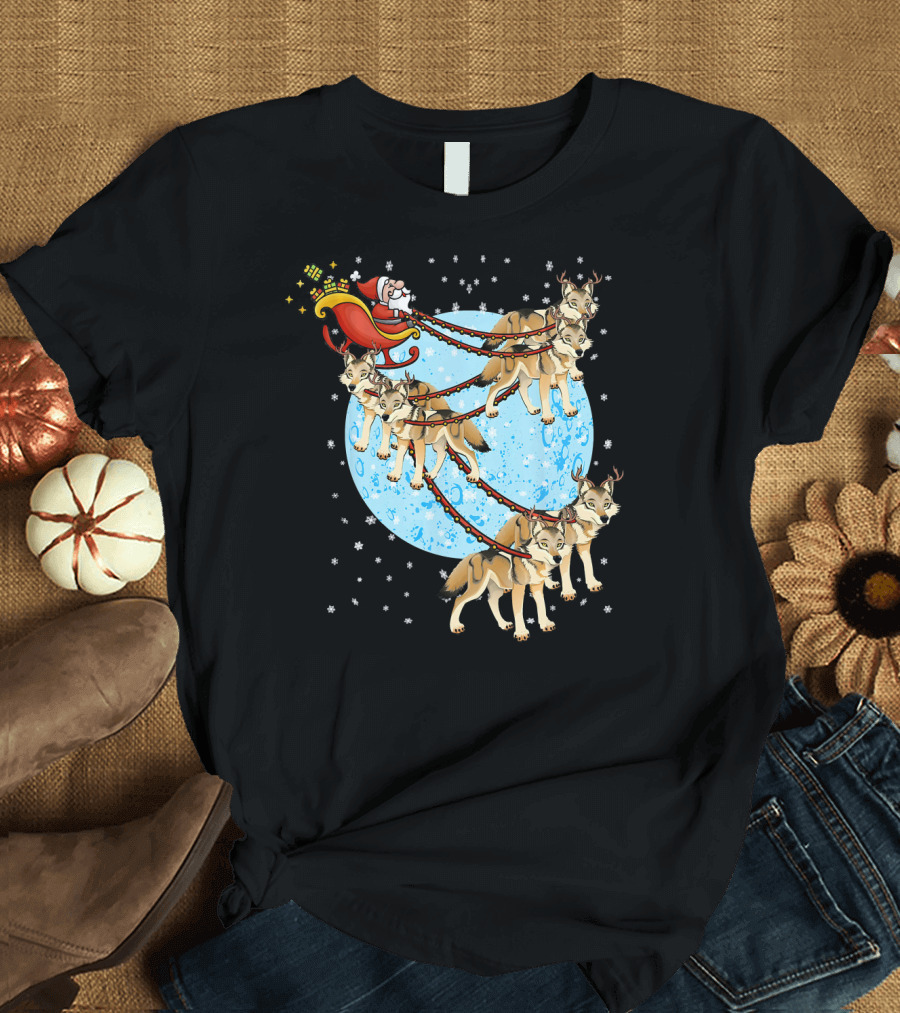 Santa Claus in Sleigh Pulled by Wolves with Reindeer Antlers T-Shirt