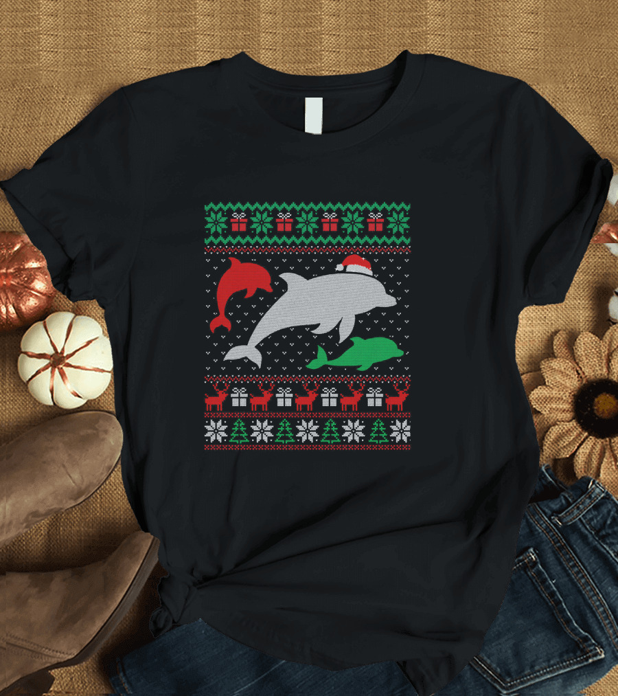 Ugly Christmas Dolphin Lover Festive Sweater Reindeer Presents Snowflakes T-Shirt