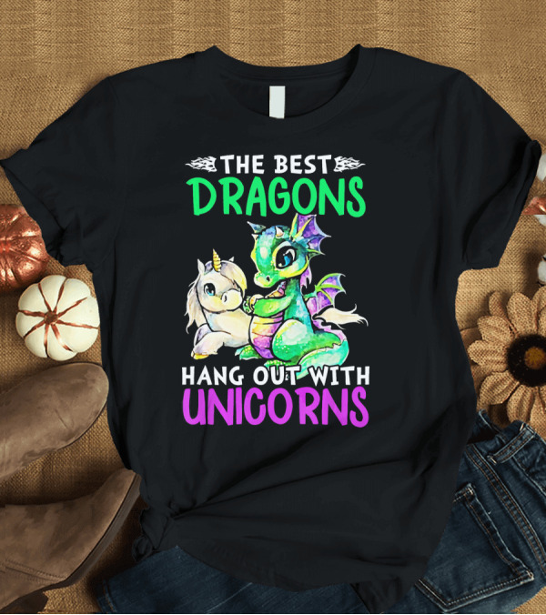 T-Shirt: The Best Dragons Hang Out With Unicorns Colorful Cartoon Scene T-Shirt The Best Dragons Hang Out With Unicorns Colorful Cartoon Scene T-Shirt