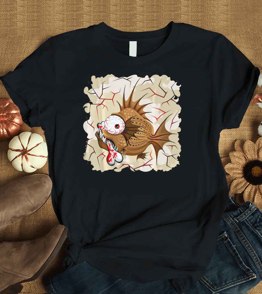 Psycho Fish Piranha With Bone on Cracked Abstract Background T-Shirt