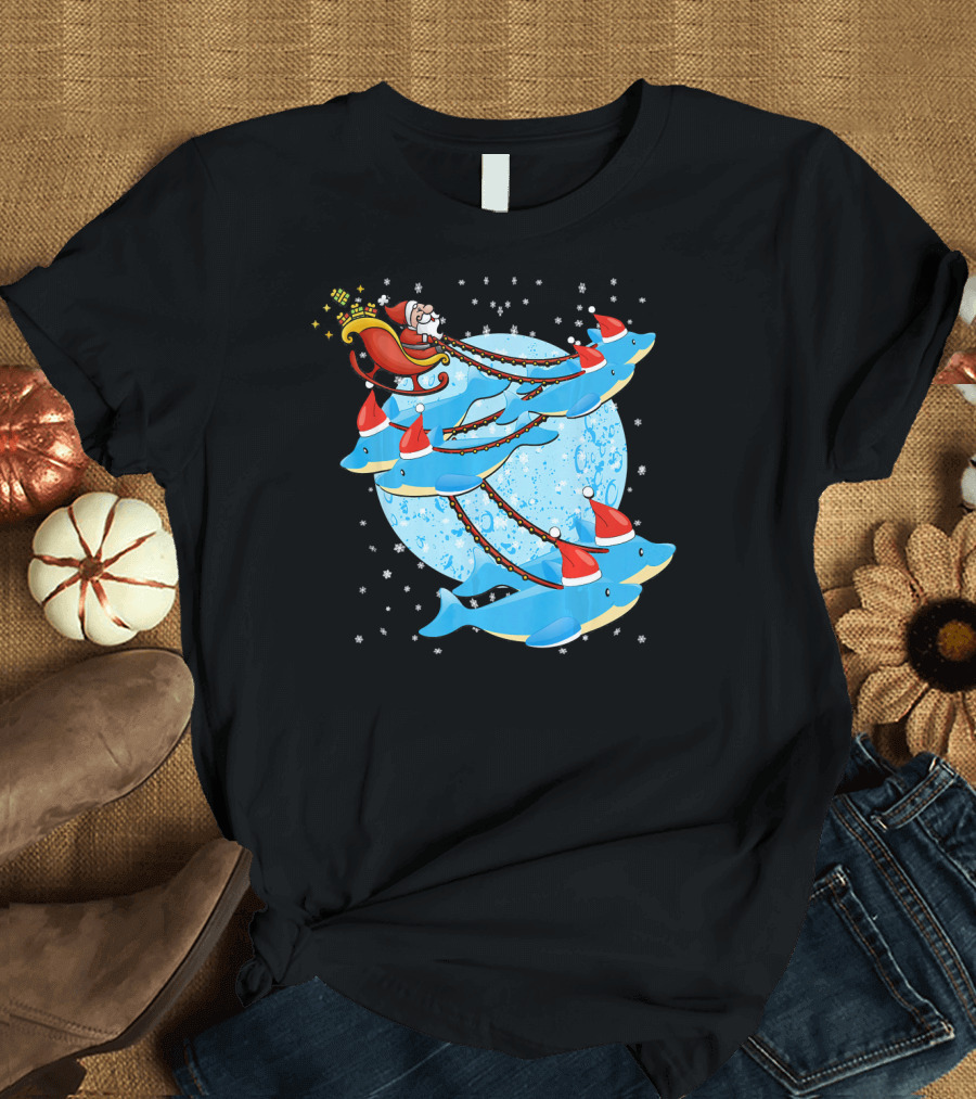 Santa Riding Dolphins Sleigh Christmas Fun T-Shirt