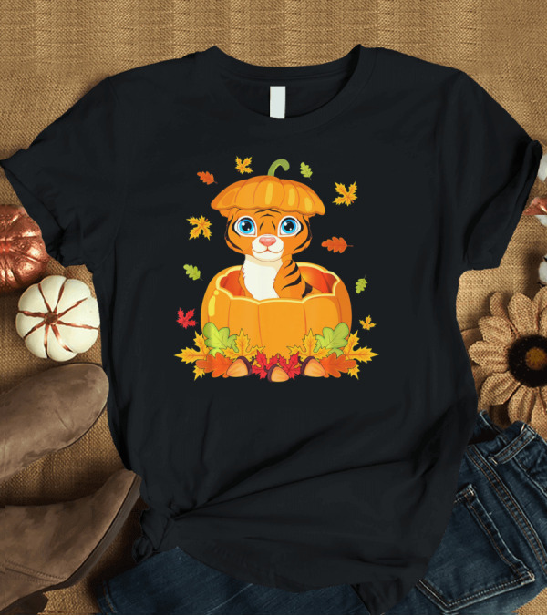 T-Shirt: Thanksgiving Cute Tiger in Pumpkin Surrounded by Autumn Leaves T-Shirt Thanksgiving Cute Tiger in Pumpkin Surrounded by Autumn Leaves T-Shirt