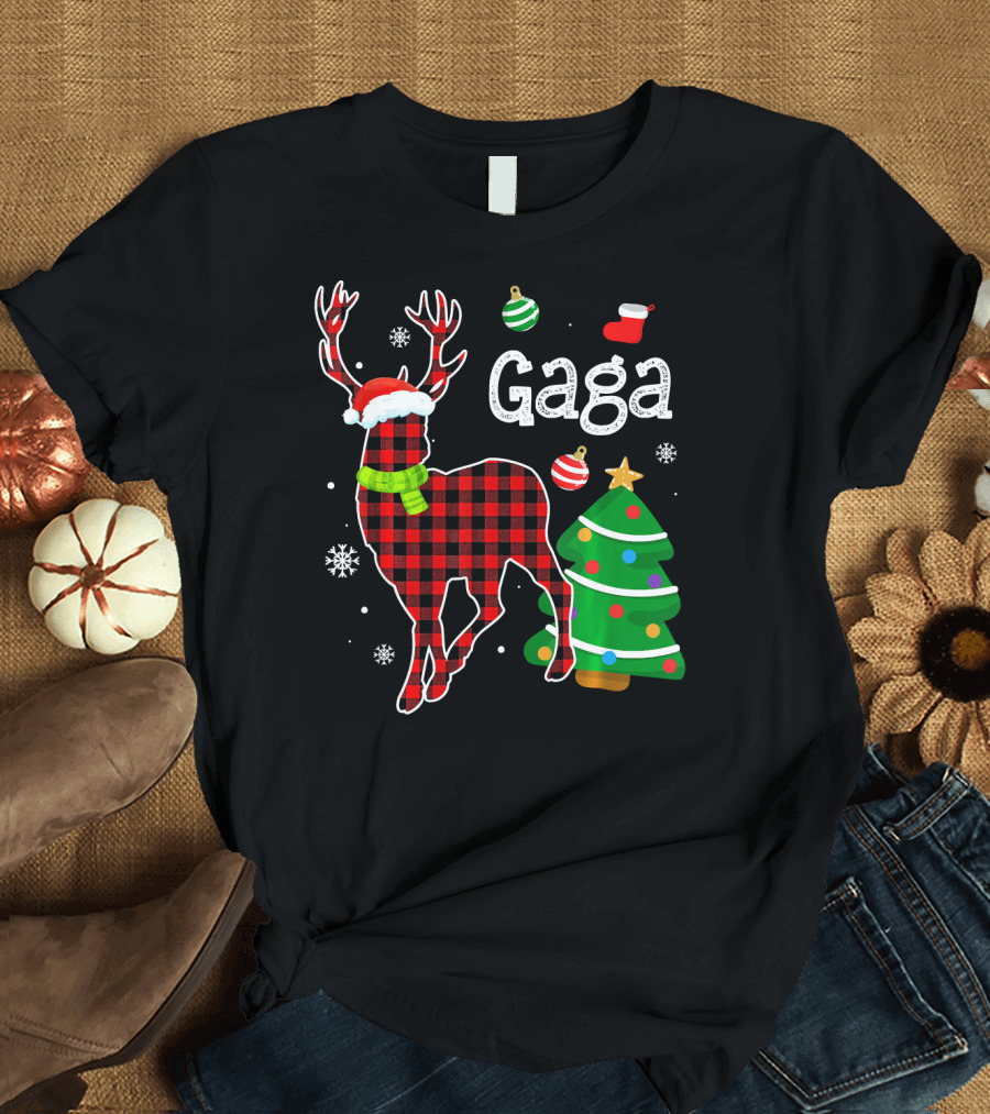 Gaga Red Plaid Deer Christmas Tree Buffalo Matching Fam T-Shirt