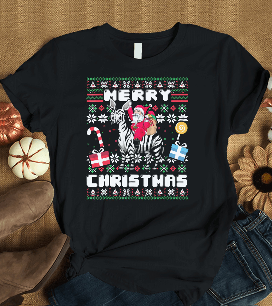 Merry Christmas Santa Riding Zebra with Candy Cane and Presents T-Shirt