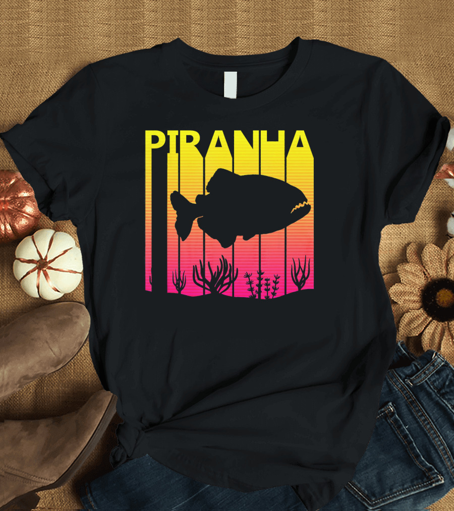 Piranha Silhouette Retro Sunset Fishing Lover T-Shirt