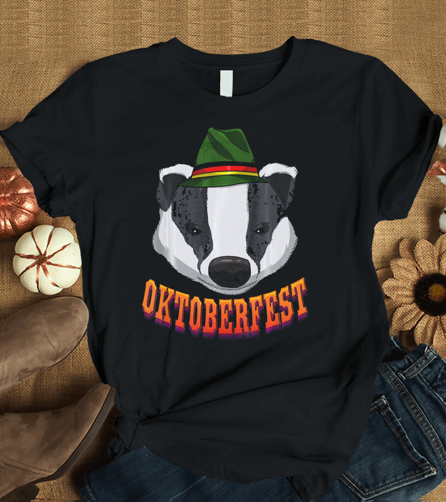 Oktoberfest Badger Wearing Green Bavarian Hat T-Shirt