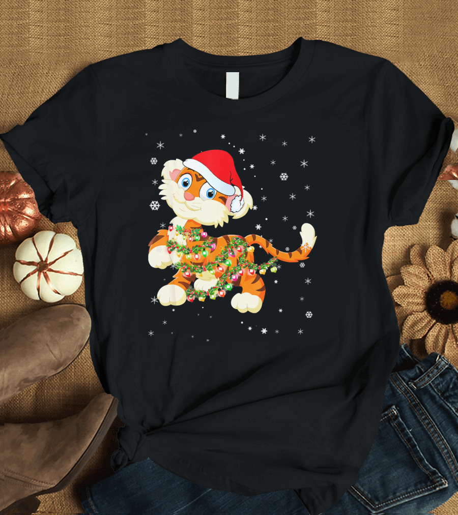 Tiger Light Christmas Santa Hat Snowflakes T-Shirt