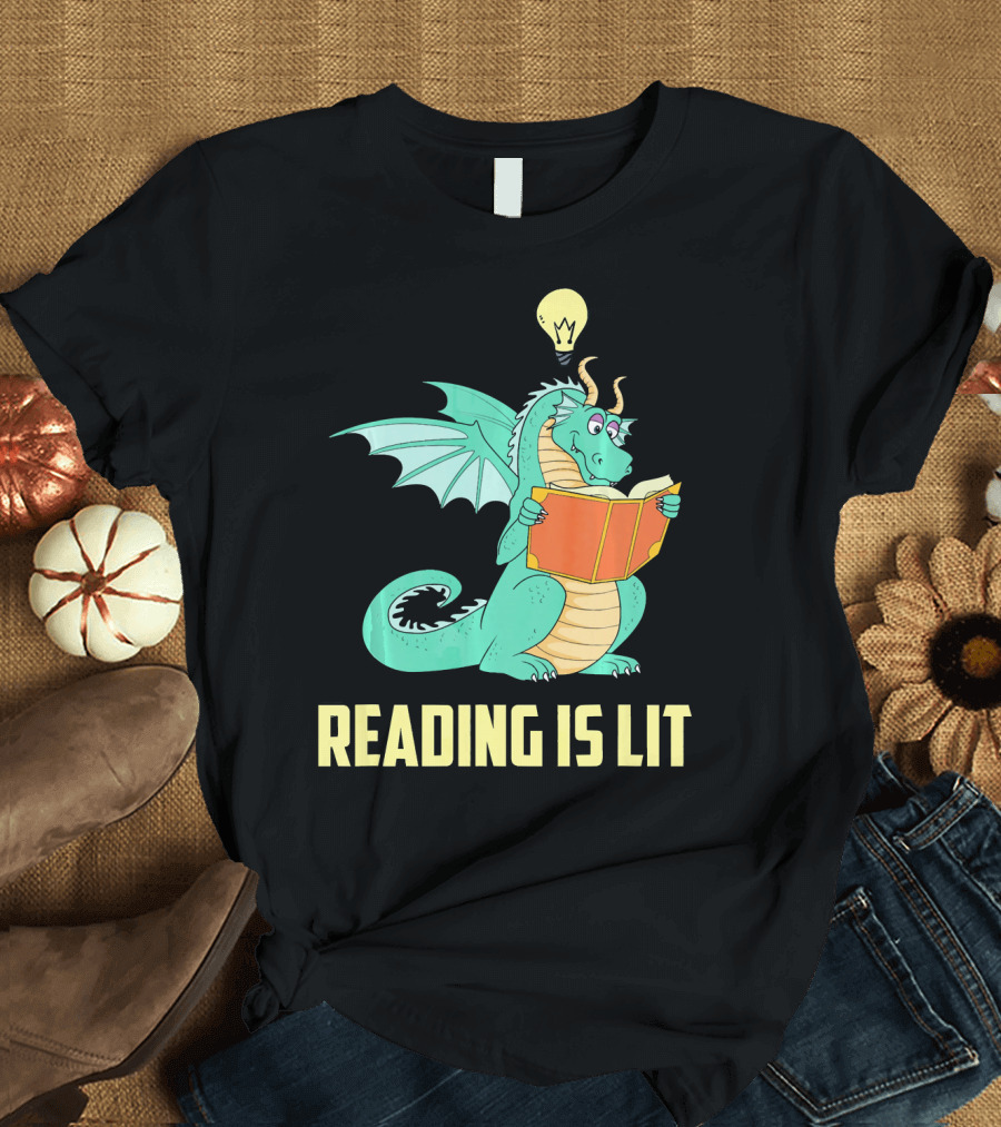 Reading Is Lit Funny Book Dragon with Light Bulb Idea T-Shirt