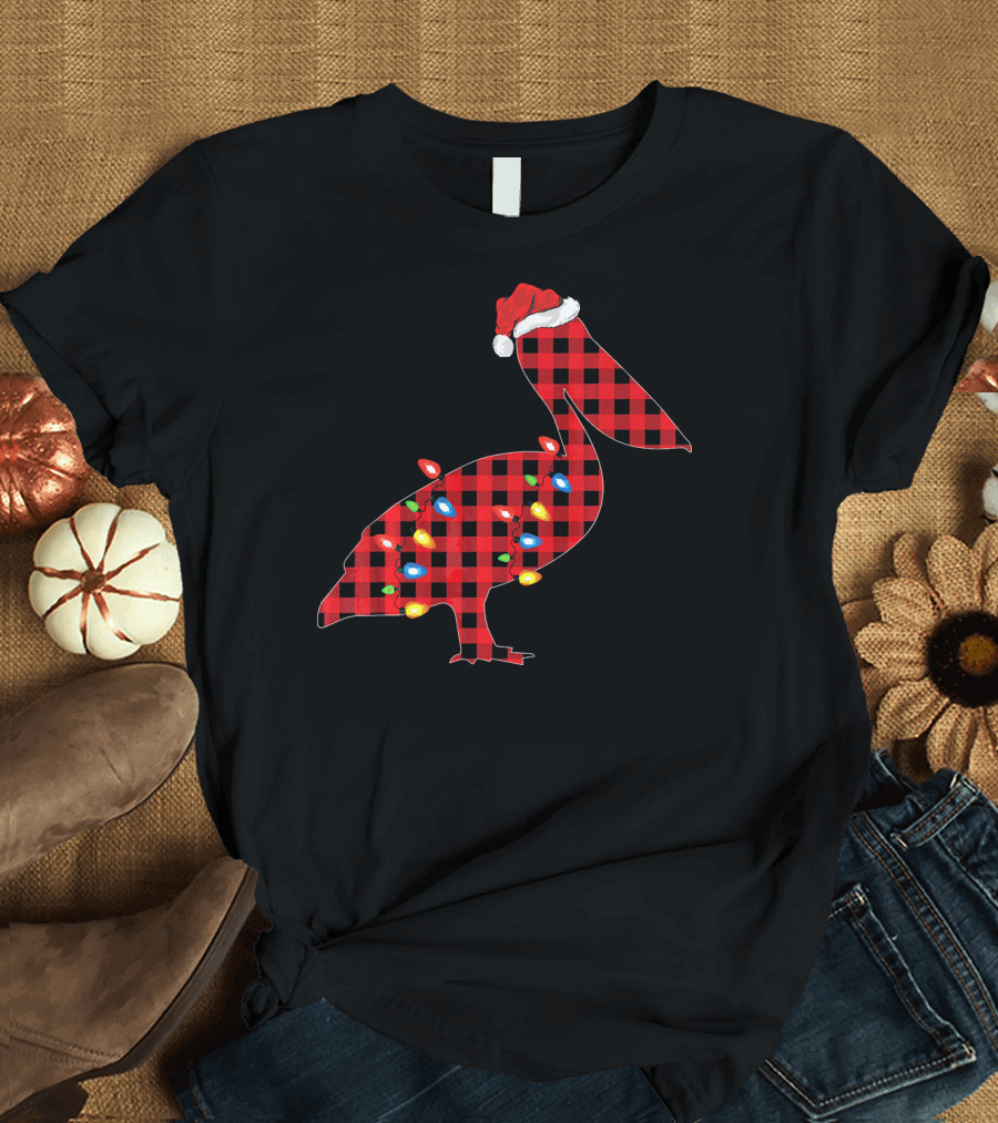 Pelican Family Matching Group Christmas Plaid Santa Hat and Lights T-Shirt