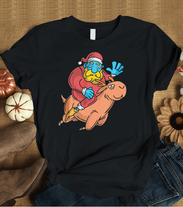 T-Shirt: Santa Claus Riding Cartoon Deer with Blue Face Waving Hello T-Shirt Santa Claus Riding Cartoon Deer with Blue Face Waving Hello T-Shirt