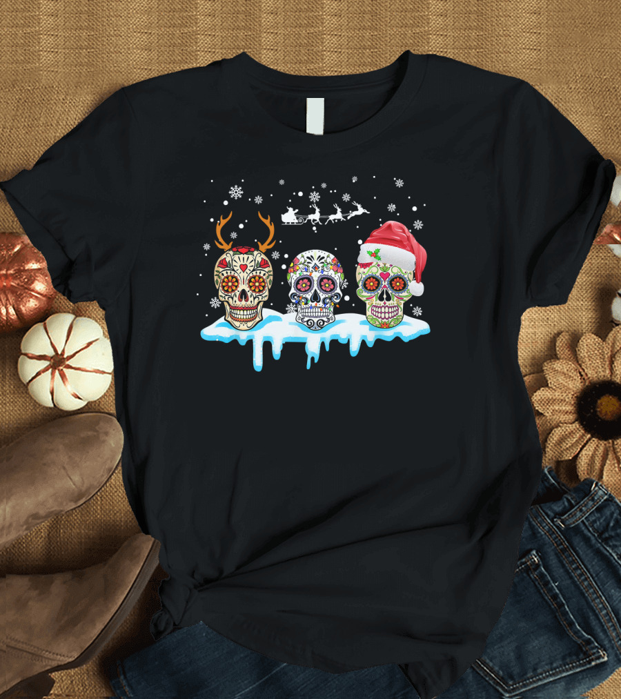 Santa Hat Skull Christmas Deer Sleigh Reindeer Snowflakes T-Shirt