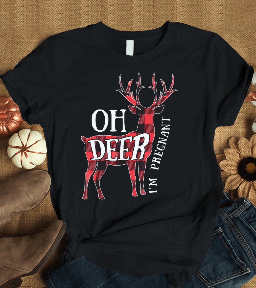 Oh Deer I'm Pregnant Christmas Announcement Plaid Reindeer T-Shirt