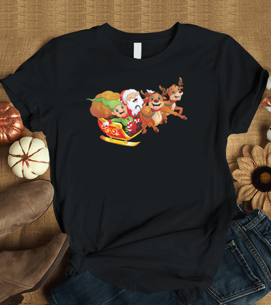 Santa and Elf Riding Reindeer Sleigh T-Shirt