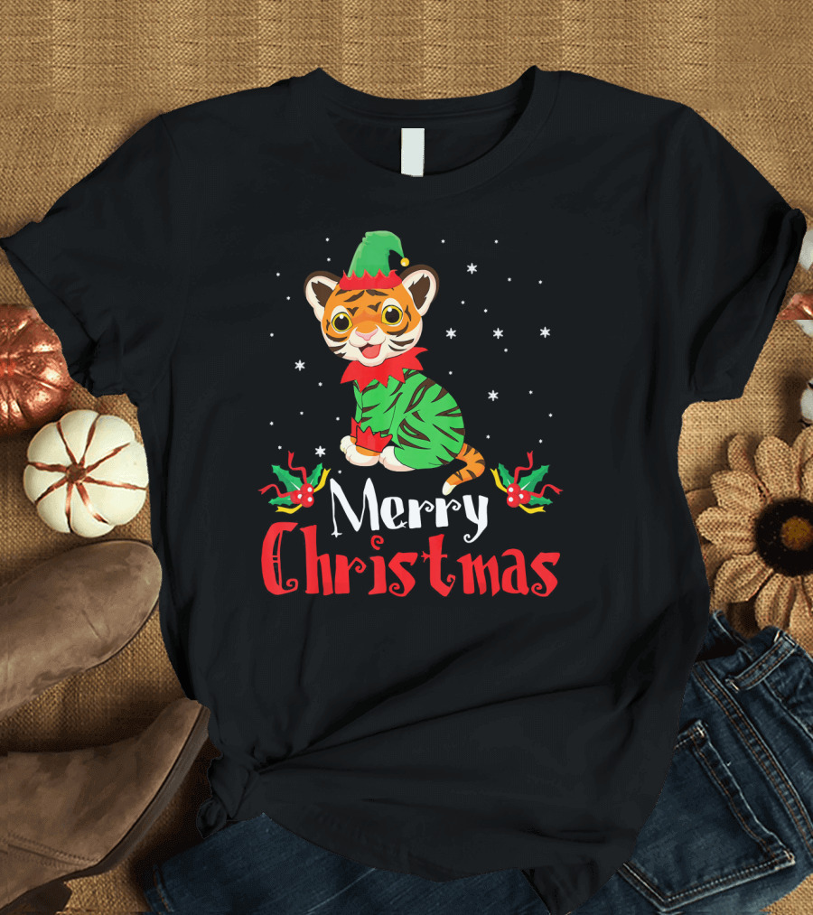 Merry Christmas Tiger in Elf Costume with Festive Snowflakes T-Shirt