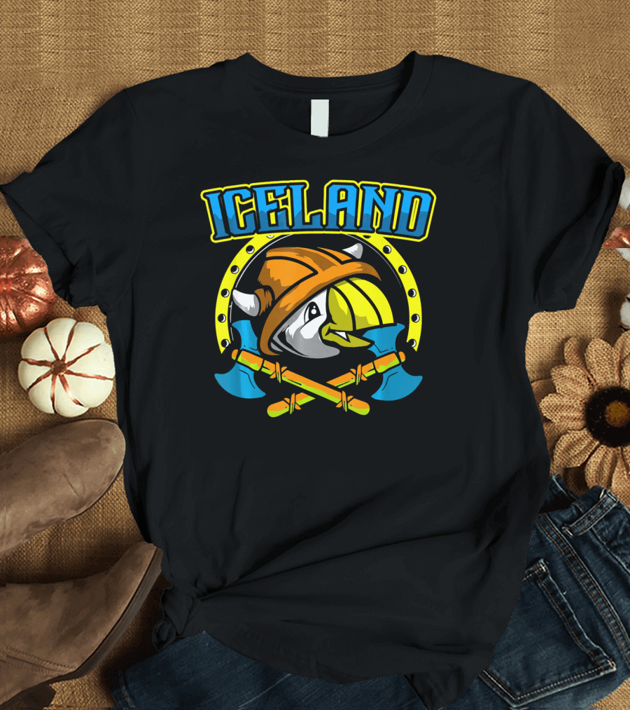 Iceland Puffin Viking Helmet Crossed Axes T-Shirt