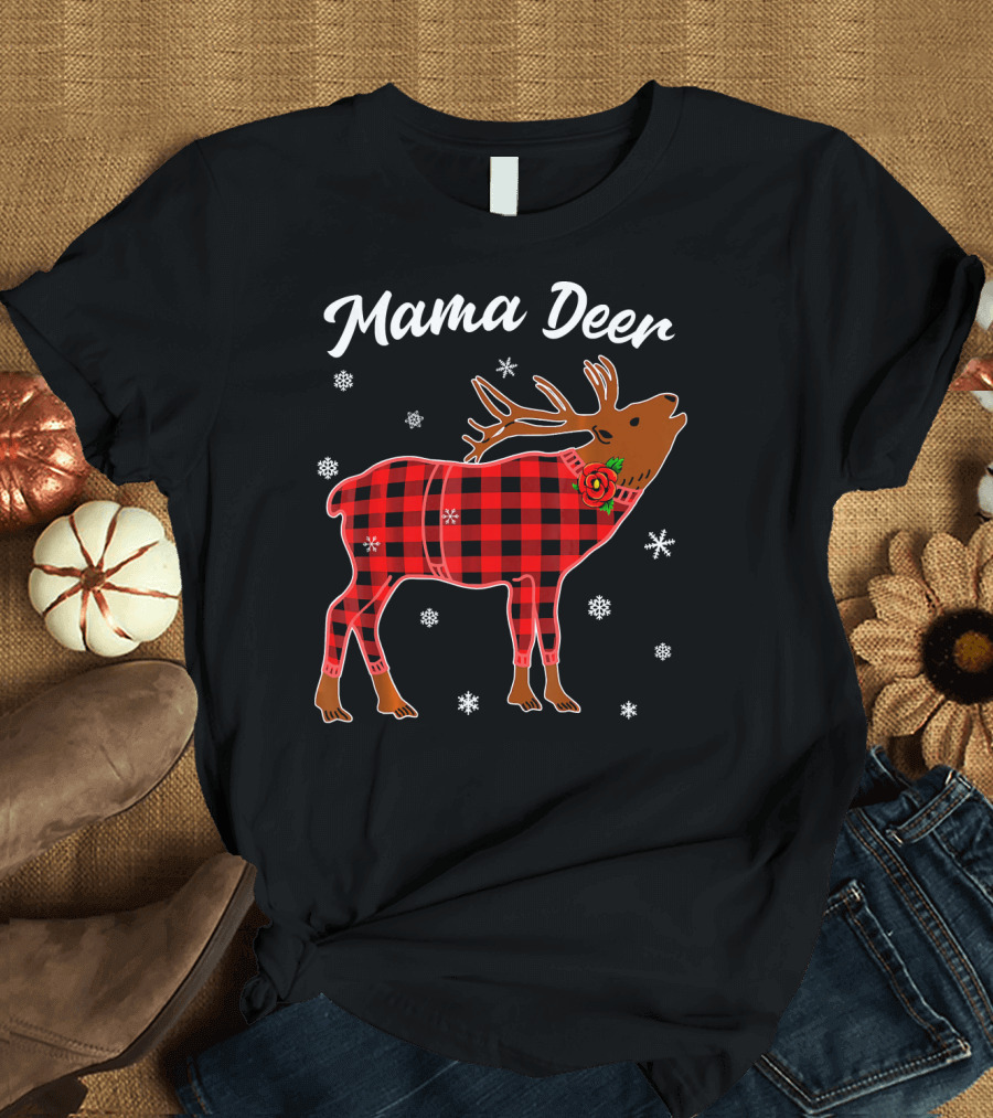 Mama Deer Red Plaid Reindeer Snowflakes T-Shirt