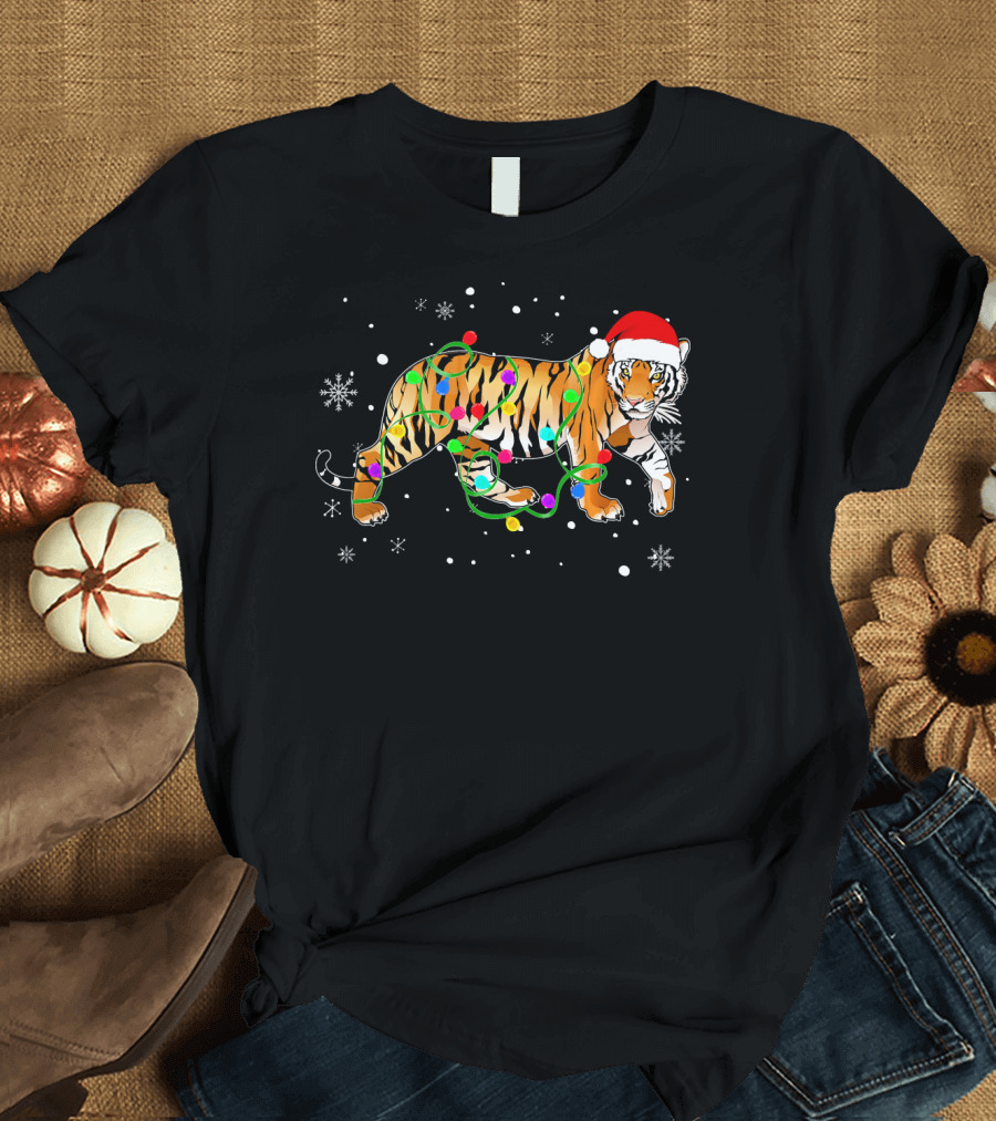 Tiger Wrapped in Christmas Lights with Santa Hat and Snowflakes T-Shirt