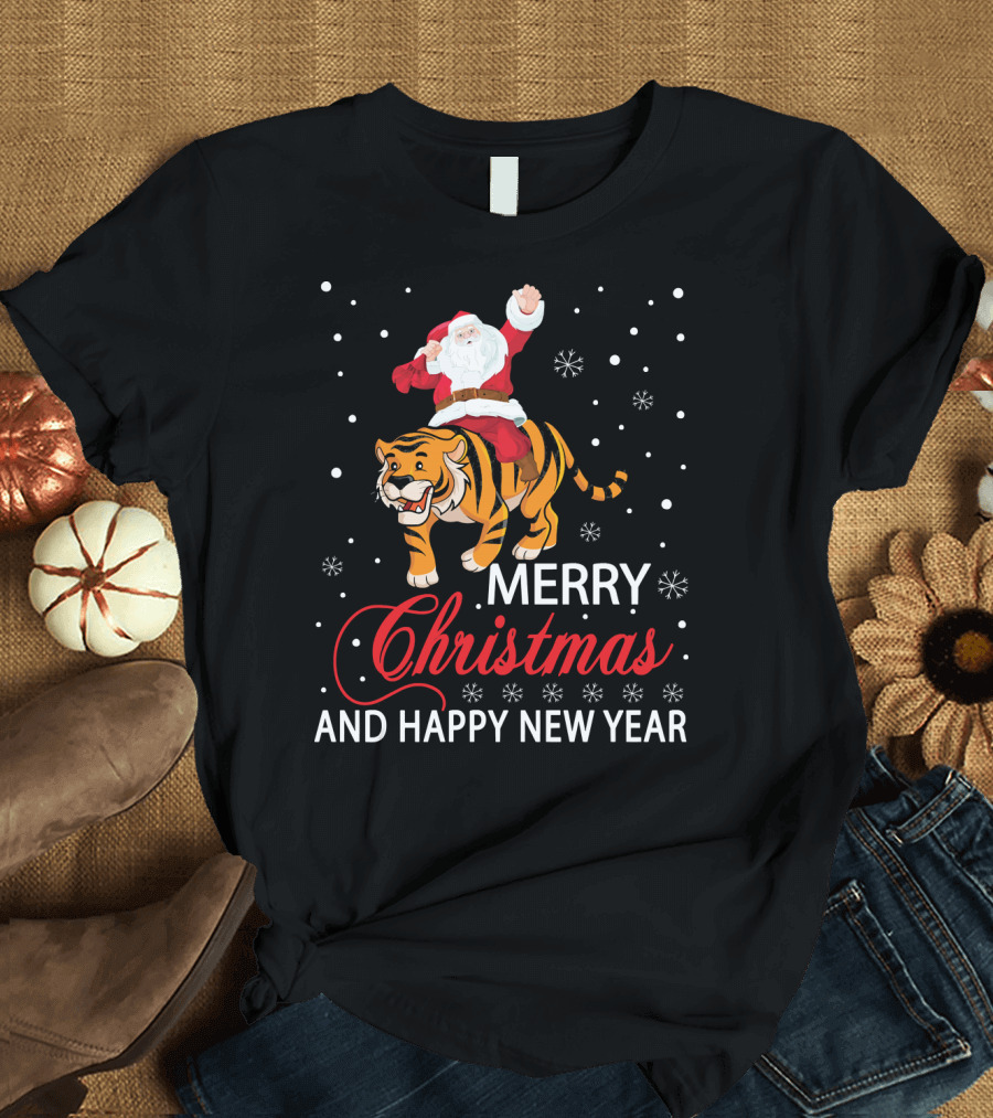 Santa Xmas Ride Tiger Merry Christmas and Happy New Year T-Shirt