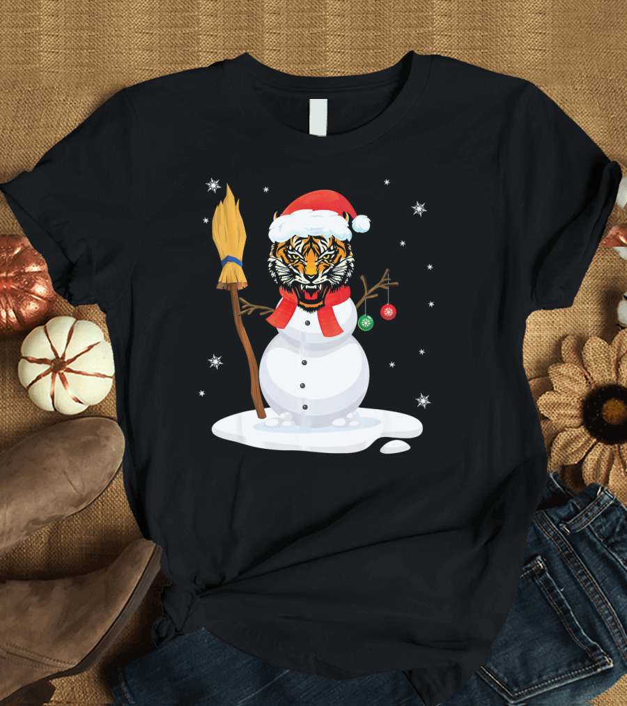 Tiger Snowman Christmas Costume with Broom and Ornaments T-Shirt