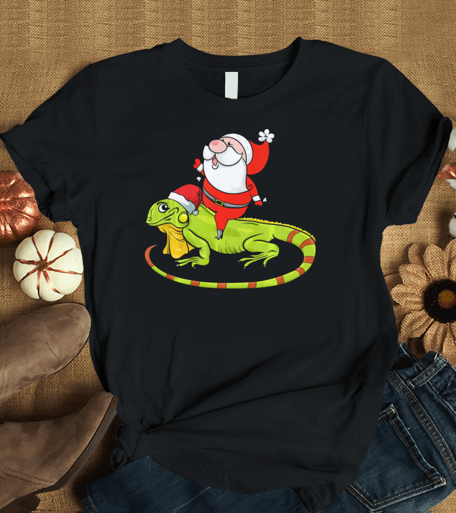 Santa Claus Riding Iguana Xmas Igua Festive Holiday Ride T-Shirt