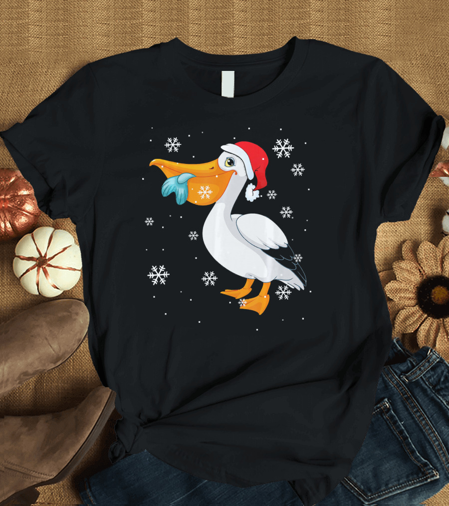 Santa Pelican with Snowflakes and Fish T-Shirt
