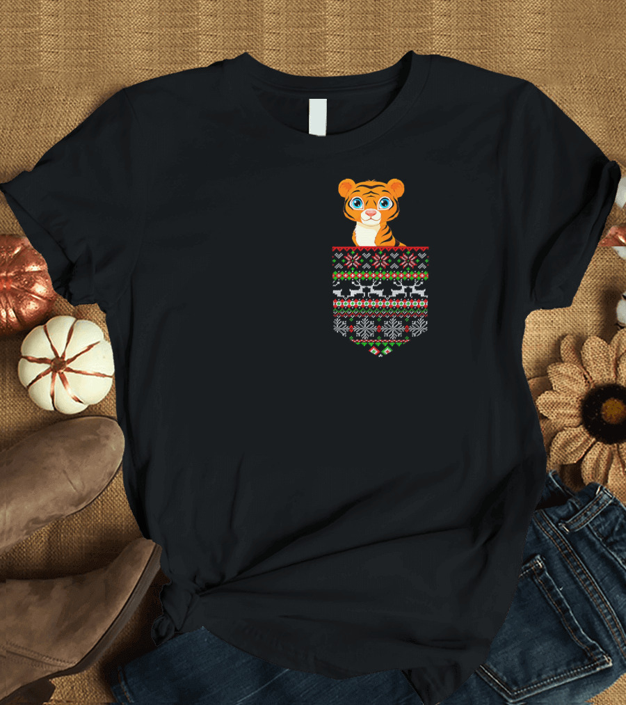 Tiger In Pocket Festive Reindeer Snowflake Holiday T-Shirt