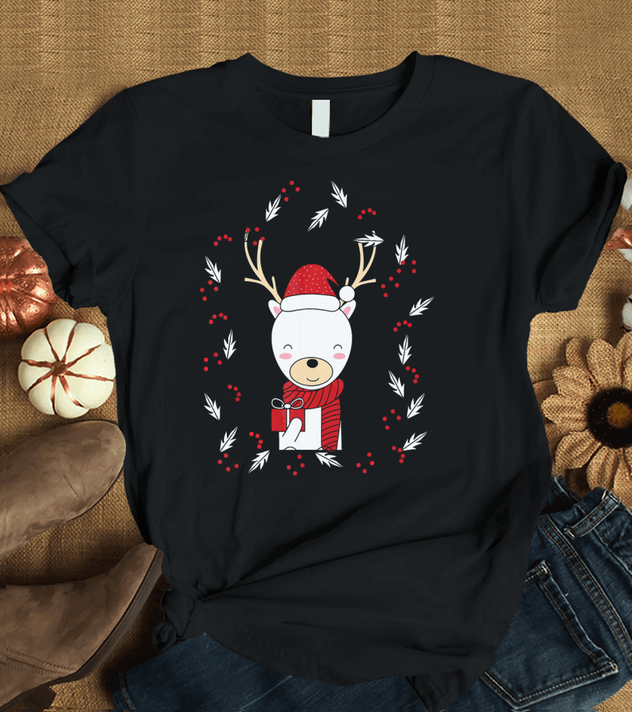 Santa Happy Deer Wrapped Up In Gift Box and Scarf T-Shirt