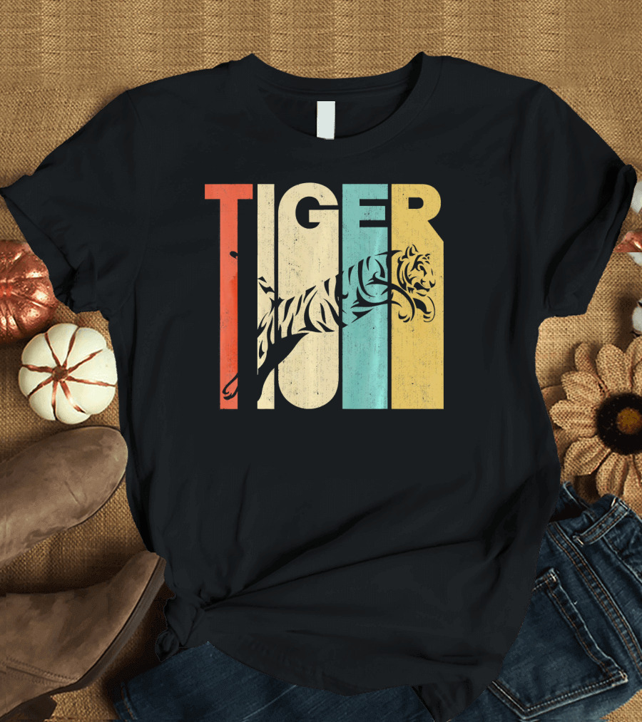 Vintage Retro Tiger Striped Leaping Silhouette Over Bold Multicolored Letters T-Shirt