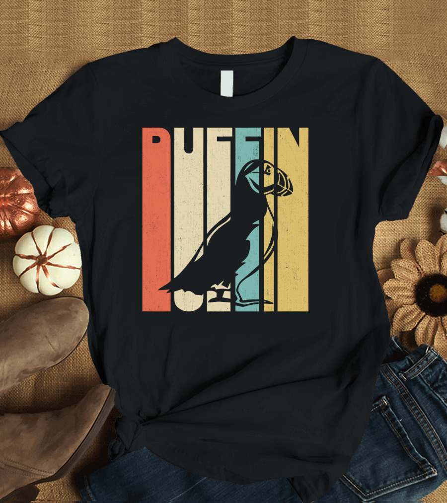 Vintage Retro Puffin Silhouette Stripes T-Shirt