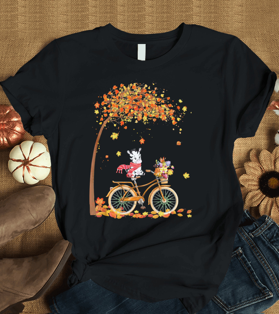 Zebra Riding Bicycle Autumn Leaves Scarf Tree T-Shirt