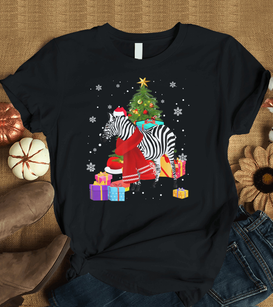 Zebra Christmas Color Lights Snowflakes Santa Hat Scarf Presents T-Shirt