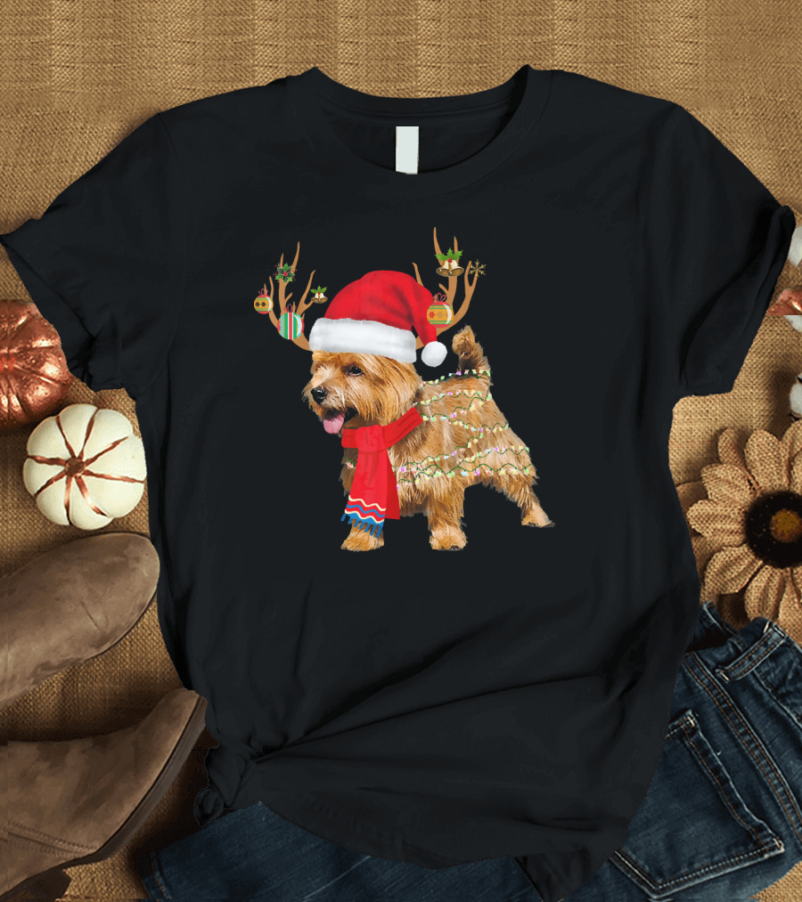 Yorkies Antler Lights Santa Hat Holiday Winter Christmas T-Shirt