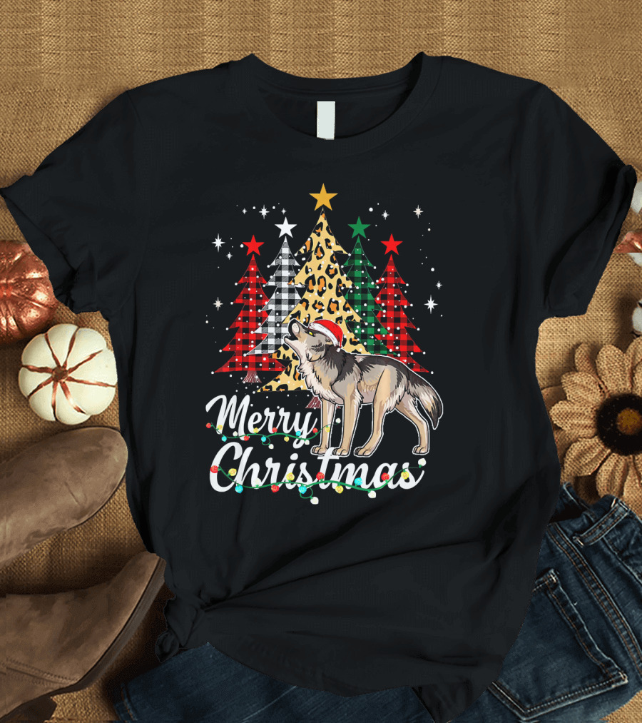 Merry Christmas Wolf with Santa Hat Buffalo Plaid Leopard Trees T-Shirt
